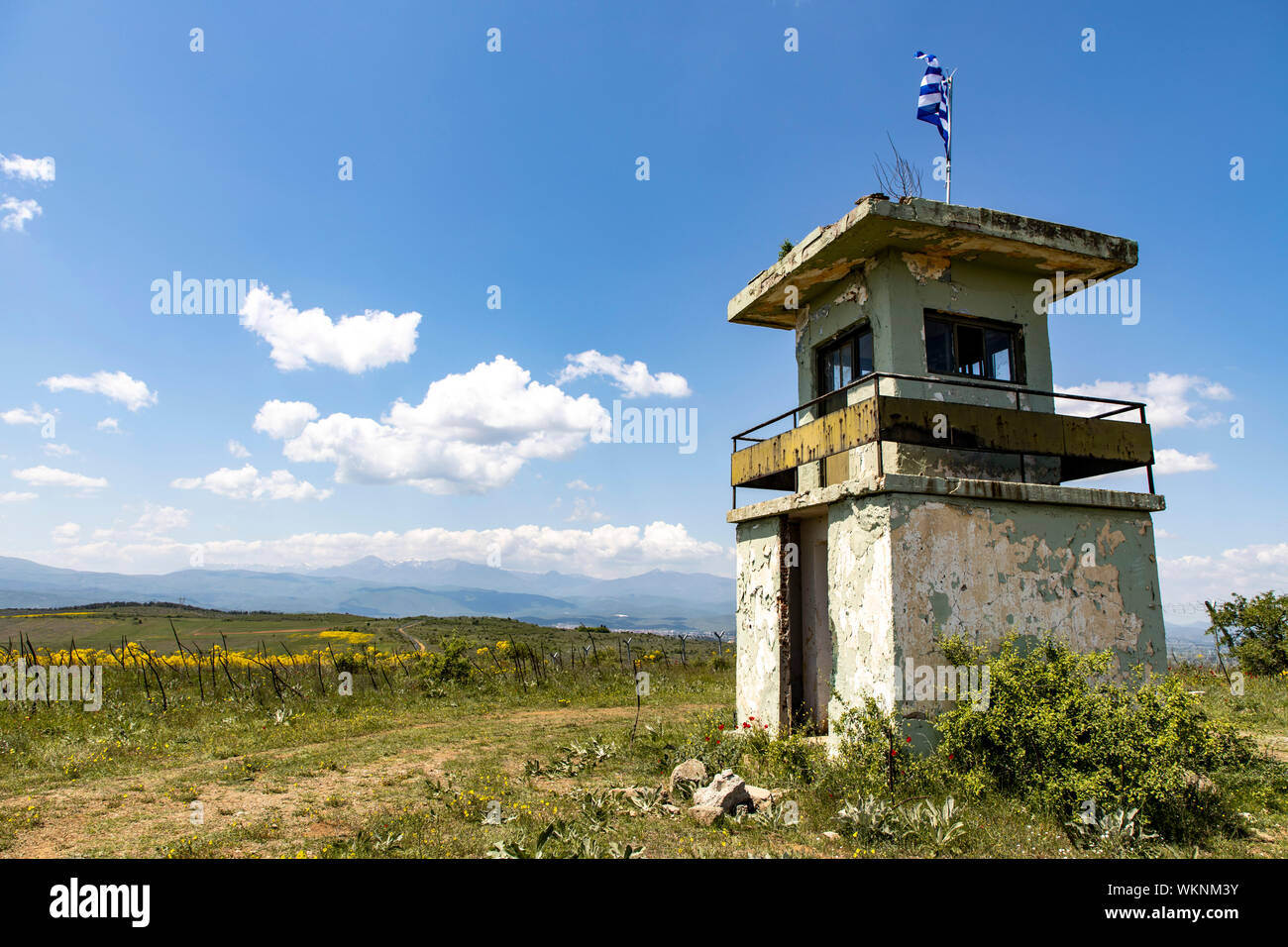 La Grèce, à la frontière de la Macédoine du Nord, section de boundary stone 52, tour de guet, Banque D'Images