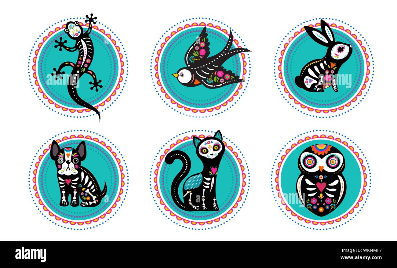 Fête des morts, Dia de los moertos, crânes d'animaux et de skeleton décorées avec des éléments colorés et des fleurs. Mexicain Fiesta, Halloween, maison de vacances Illustration de Vecteur