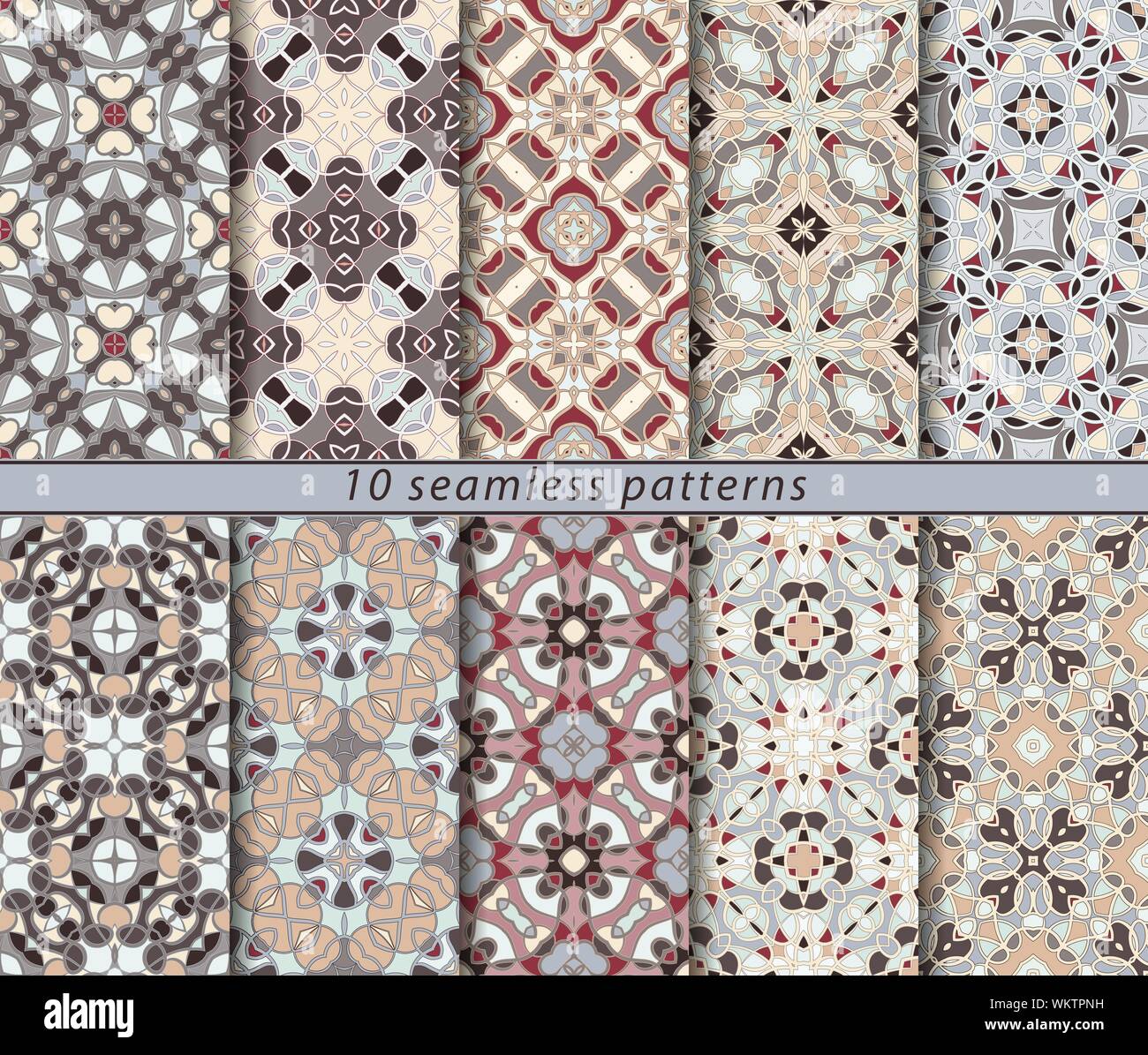 Dix modèles sans couture. Ornement rectangulaire symétrique de style ethnique. Motif fleuri en arabe. Illustration de Vecteur