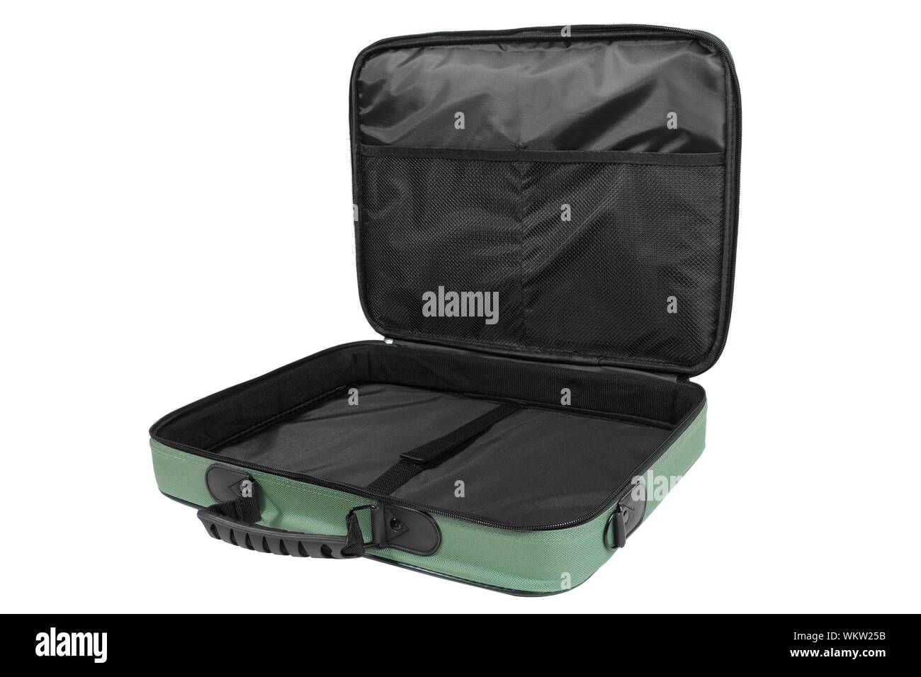 Ouvert vide vert sac pour ordinateur portable isolé sur fond blanc Banque D'Images