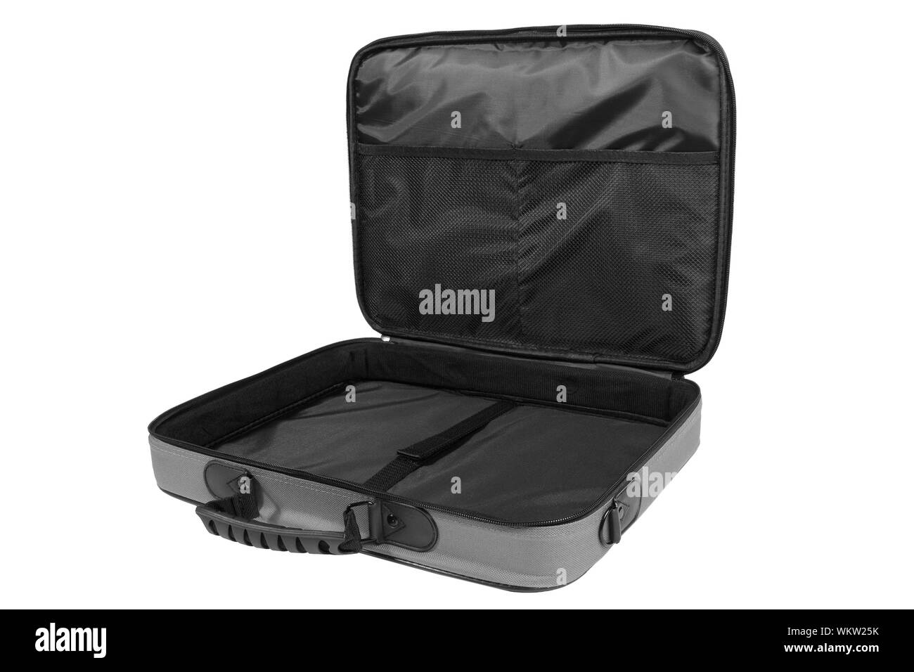 Ouvert vide gris sac pour ordinateur portable isolé sur fond blanc Banque D'Images
