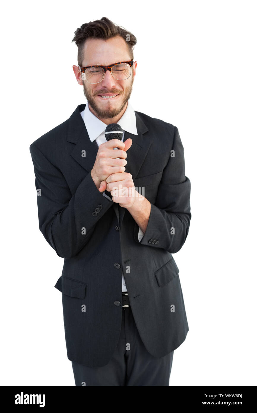 Homme d'Hipster donnant un discours sur fond blanc Banque D'Images