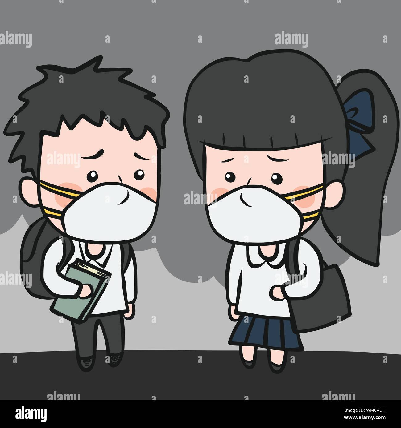 Adolescent school boy and girl wearing mask pollution couvrir cartoon vector illustration Illustration de Vecteur