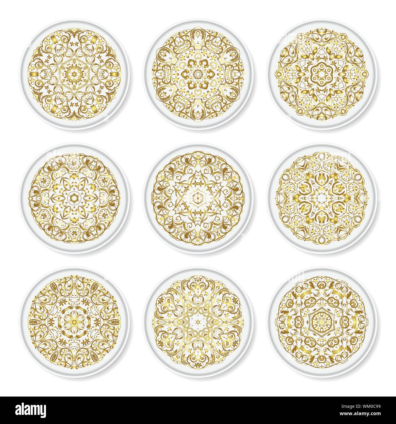 Ensemble d'assiettes décoratives avec un motif bleu arabe circulaire, vue du dessus. Arrière-plan blanc. Vector illustration. Illustration de Vecteur