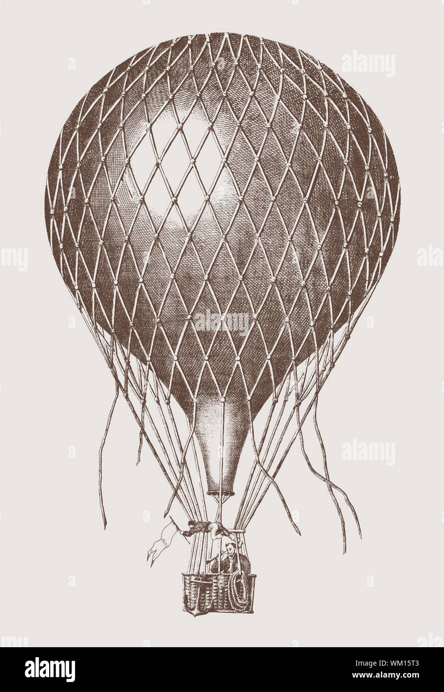 Vols en montgolfière historique avec deux hommes à bord. lllustration après une lithographie du xixe siècle. Dans les couches modifiable Illustration de Vecteur