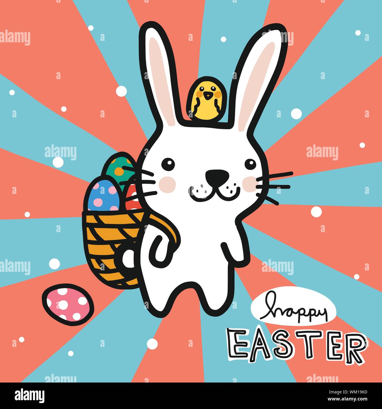 Bonjour Paques Lapin Blanc Porte Le Panier D Oeufs De Paques Et Bebe Chick Ami Dessin Anime Vecteur Illustration Style Doodle Image Vectorielle Stock Alamy