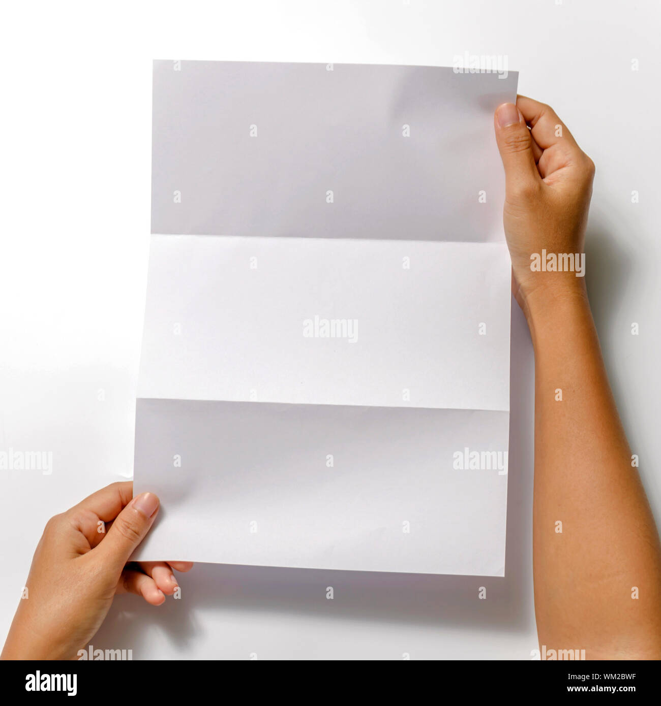 Femme deux mains tenant le papier blanc, format a4 sur fond blanc Banque D'Images
