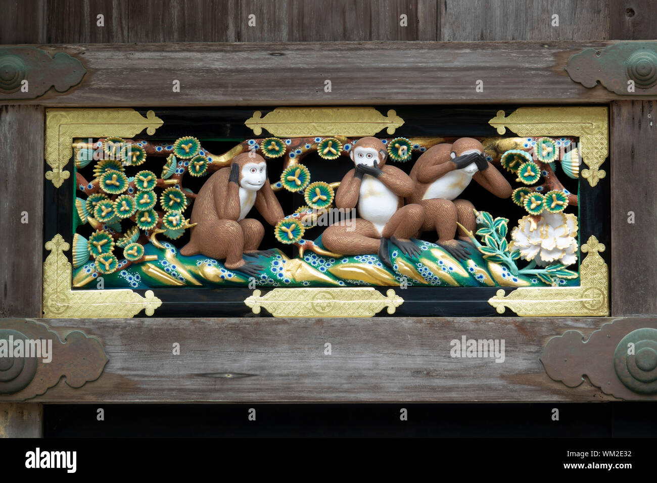 Détail de la sculpture, les Trois Singes sages, Temple Toshogu, Nikko, Japon Banque D'Images