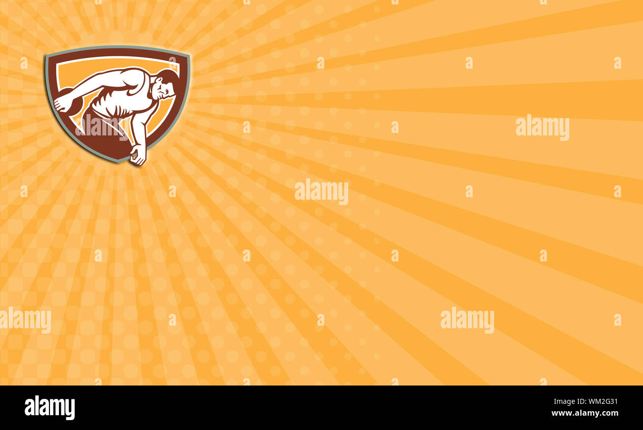 Carte montrant l'illustration d'un lanceur de disque situé à l'intérieur de la crête de l'écran sur fond isolé fait en style rétro. Banque D'Images