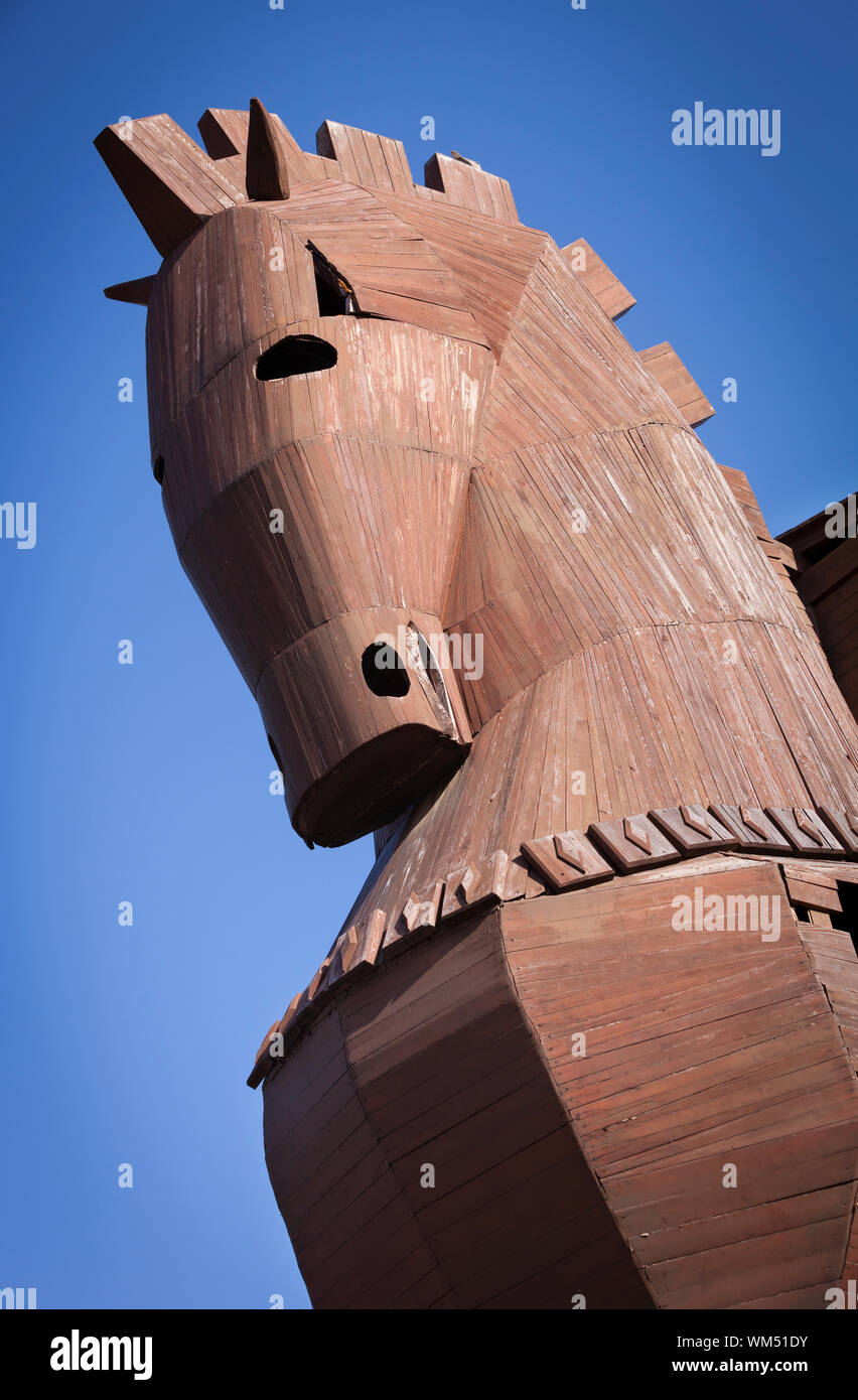 Tête de cheval de Troie reconstruit à Troie en Turquie Banque D'Images