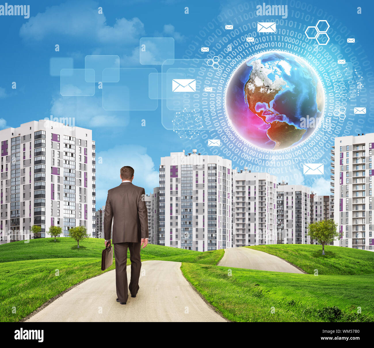 Businessman walking le long de route à travers des collines verdoyantes avec quelques arbres. Les bâtiments de grande hauteur comme toile de fond. Planète aux couleurs vives, des graphiques et autres virtu Banque D'Images