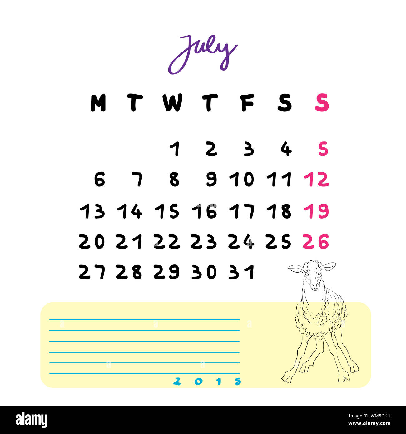 L'illustration de la page 2015 du calendrier avec des moutons doodle et section notes sur fond blanc, Juillet Banque D'Images