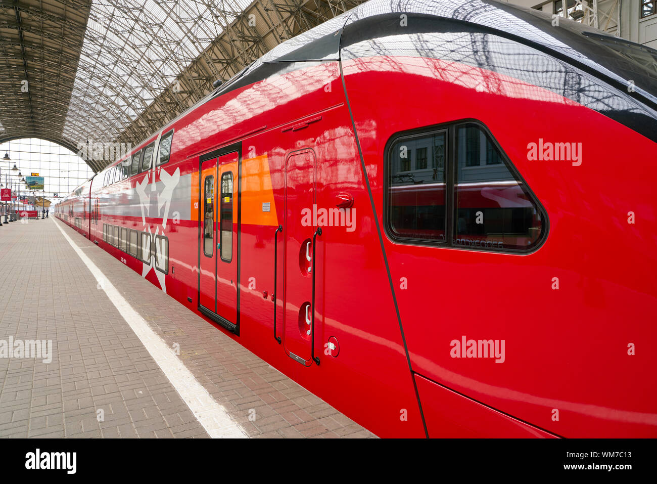 Moscou, Russie - CIRCA MAI, 2018 : train Aeroexpress dans Kiyevsky vokzal. Aéroexpress Ltd. est l'exploitant de l'aéroport de rail link services en Russie. Banque D'Images