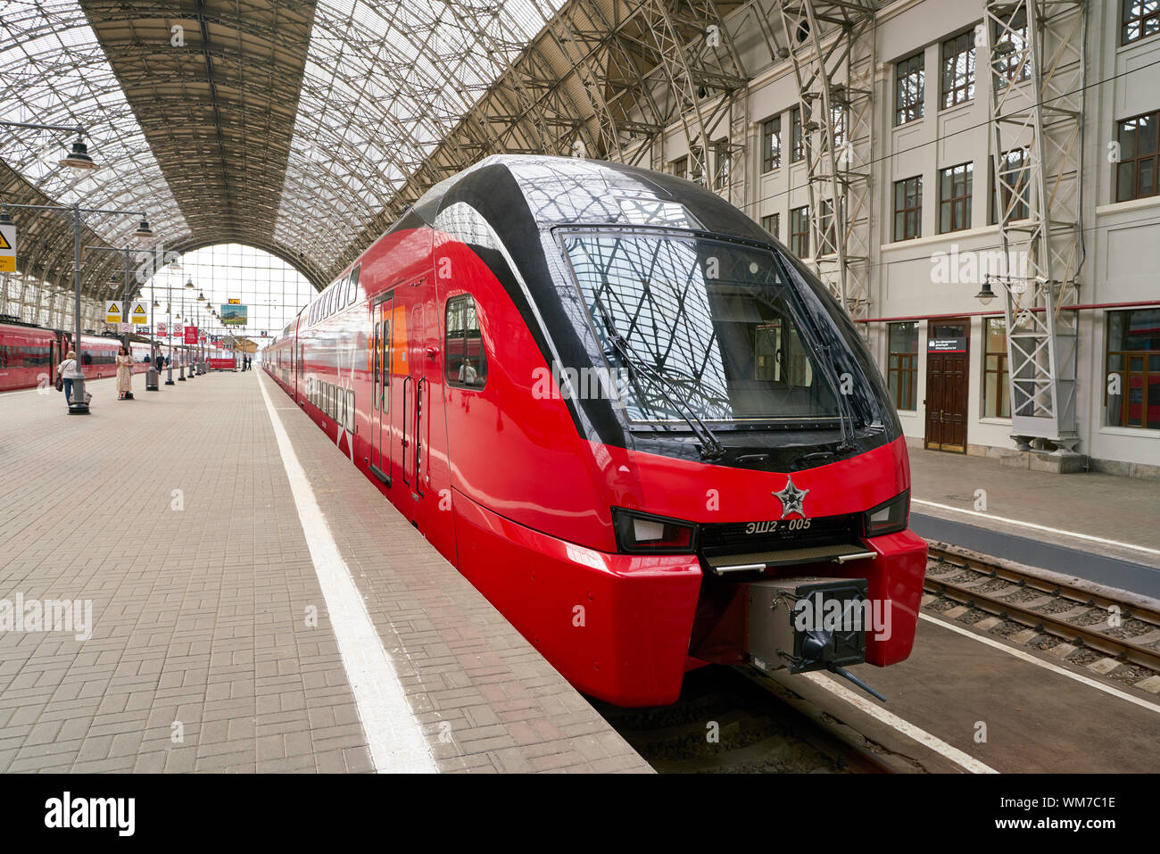 Moscou, Russie - CIRCA MAI, 2018 : train Aeroexpress dans Kiyevsky vokzal. Aéroexpress Ltd. est l'exploitant de l'aéroport de rail link services en Russie. Banque D'Images