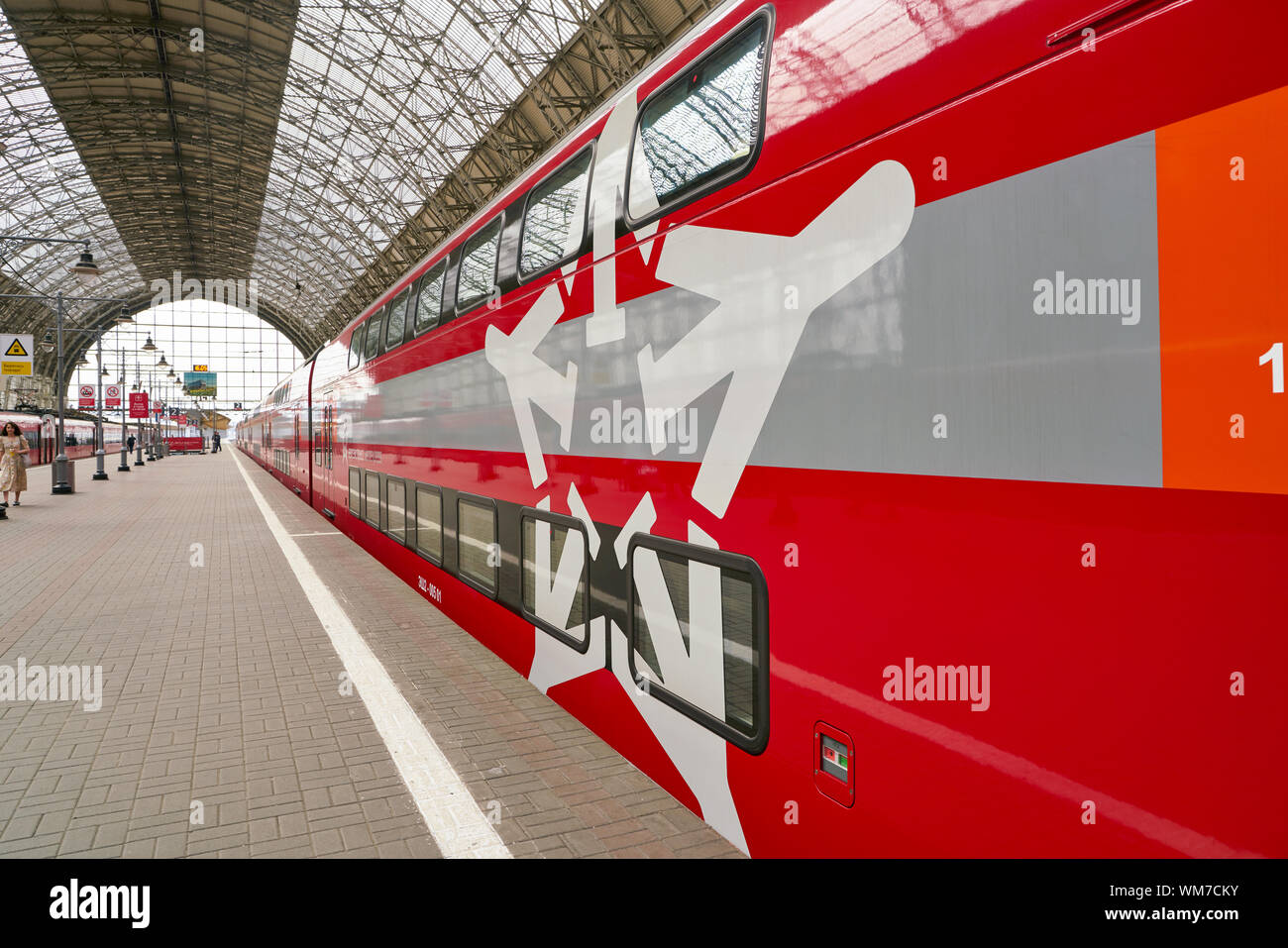 Moscou, Russie - CIRCA MAI, 2018 : train Aeroexpress dans Kiyevsky vokzal. Aéroexpress Ltd. est l'exploitant de l'aéroport de rail link services en Russie. Banque D'Images