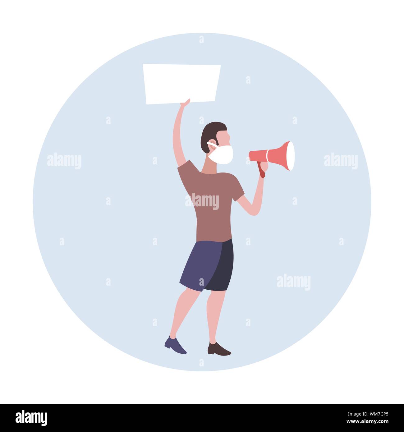 En manifestant l'homme masque de visage hurlant dans le haut-parleur holding blank placard pour protester contre la pollution de l'air nature activiste mâle avec bannière signe vide Illustration de Vecteur