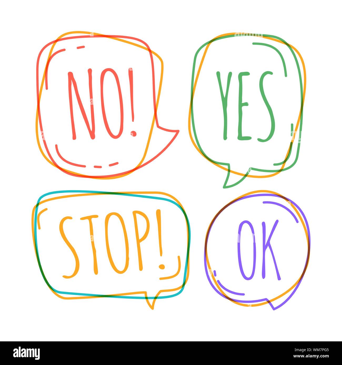 Série de discours différent de la bulle de texte avec style doodle non, stop, ok, oui à l'intérieur. Illustration de Vecteur