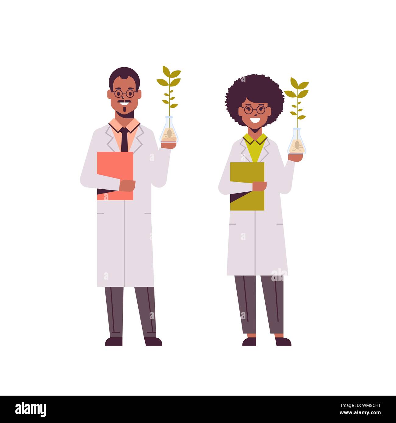 Deux scientifiques examinant des échantillons de plantes dans des tubes à essai african american man femme en uniforme faisant des expériences en laboratoire de génétique La recherche Sciences Illustration de Vecteur