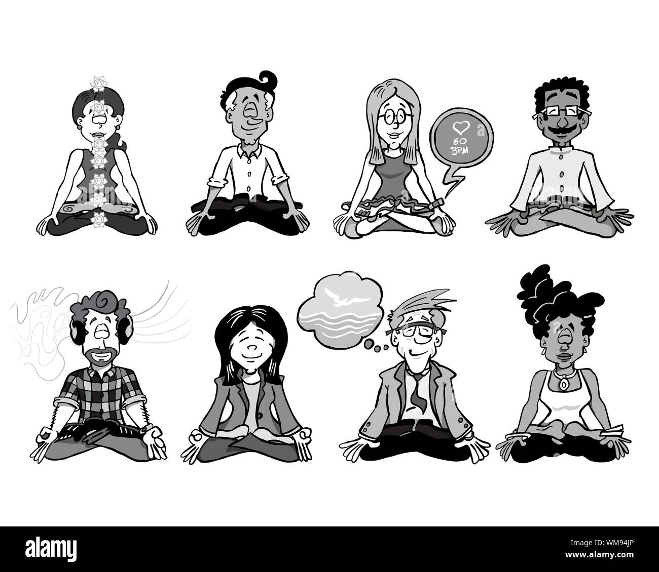 Groupe de huit caractères assis en position Lotus et méditant. Banque D'Images