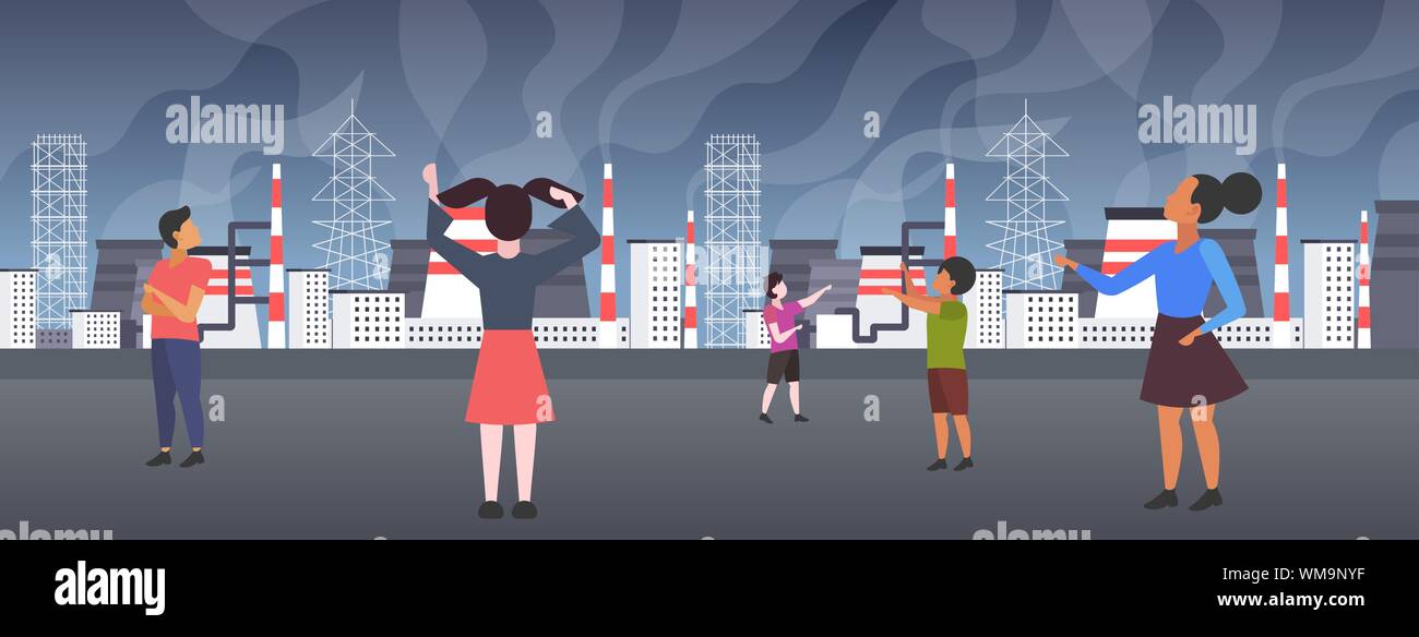 Les enfants à l'usine à déchets souillés du tuyau d'air de l'industrie de la pollution toxique le smog pollution de l'environnement concept mix race garçons filles marcher outdoor industri Illustration de Vecteur