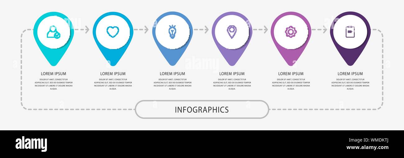 L'infographie moderne vecteur modèle plat pin pour six étiquette en papier, diagramme, graphique, présentation. Concept d'affaires avec 6 options et de marques. L'espace vide Illustration de Vecteur