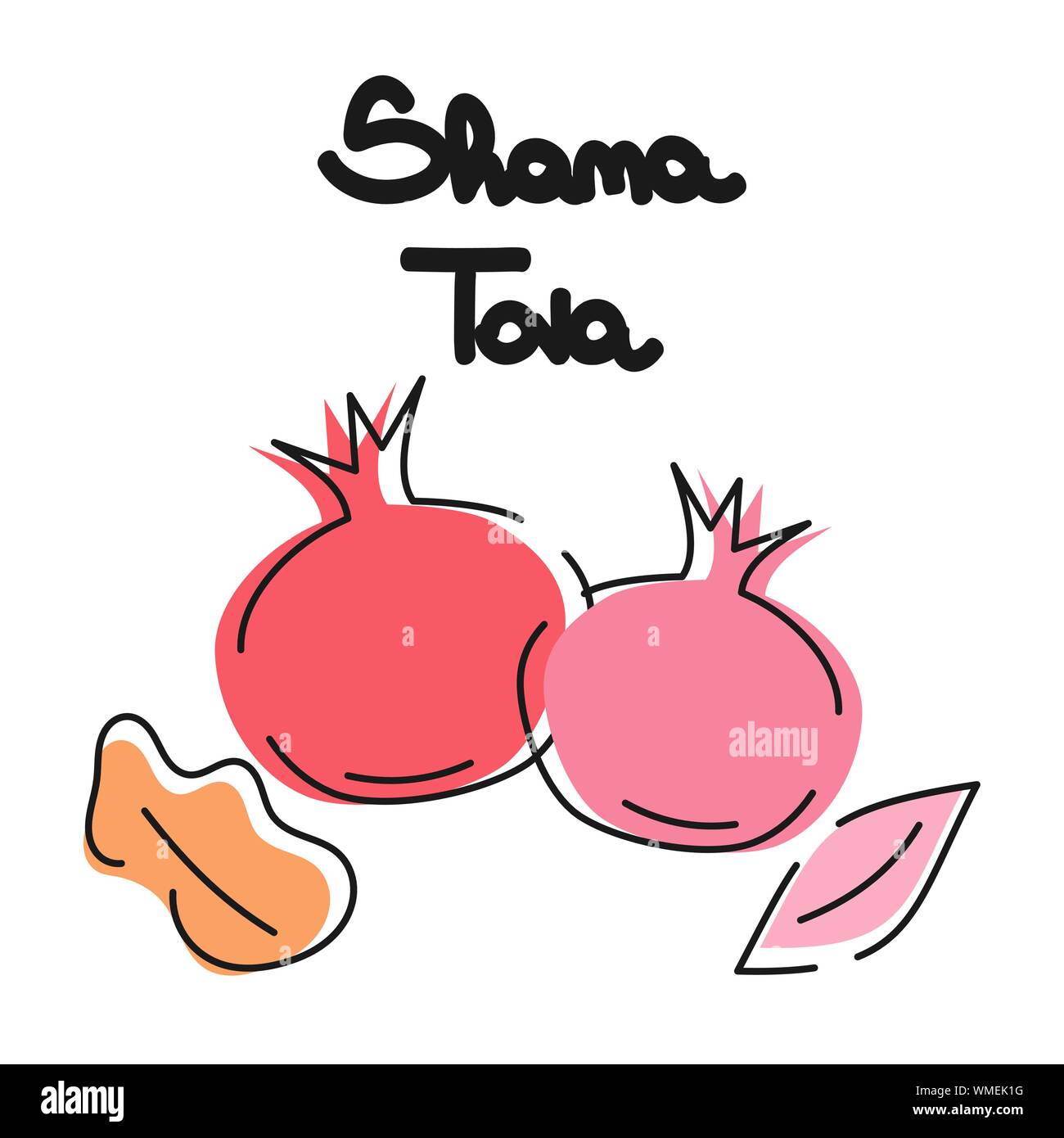 Télévision cartoon vector illustration pour la fête juive Rosh Hashana avec grenade, feuilles et lettrage dessiné à la main texte Shana tova Illustration de Vecteur