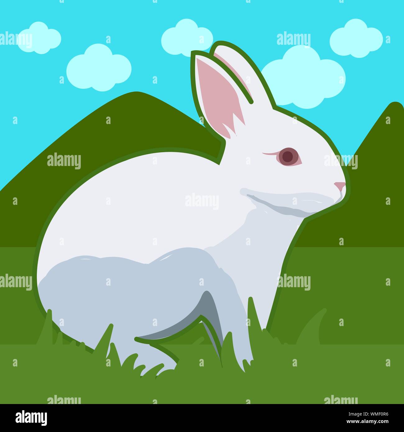 Rabbit sitting on grass vector cartoon animal sur fond de collines. Lièvre vecteur au printemps forêt, cute bunny en plein air Illustration de Vecteur