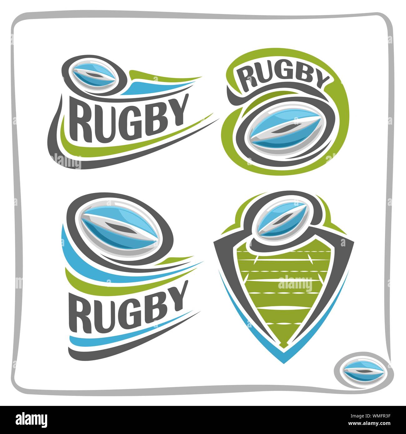 Abstract Vector logo pour le rugby, les panneaux pour sports club, ovale bleu ballon de rugby volant au-dessus de l'été dans l'objectif de champ vert, porte sur l'icône sportive isolé wh Illustration de Vecteur