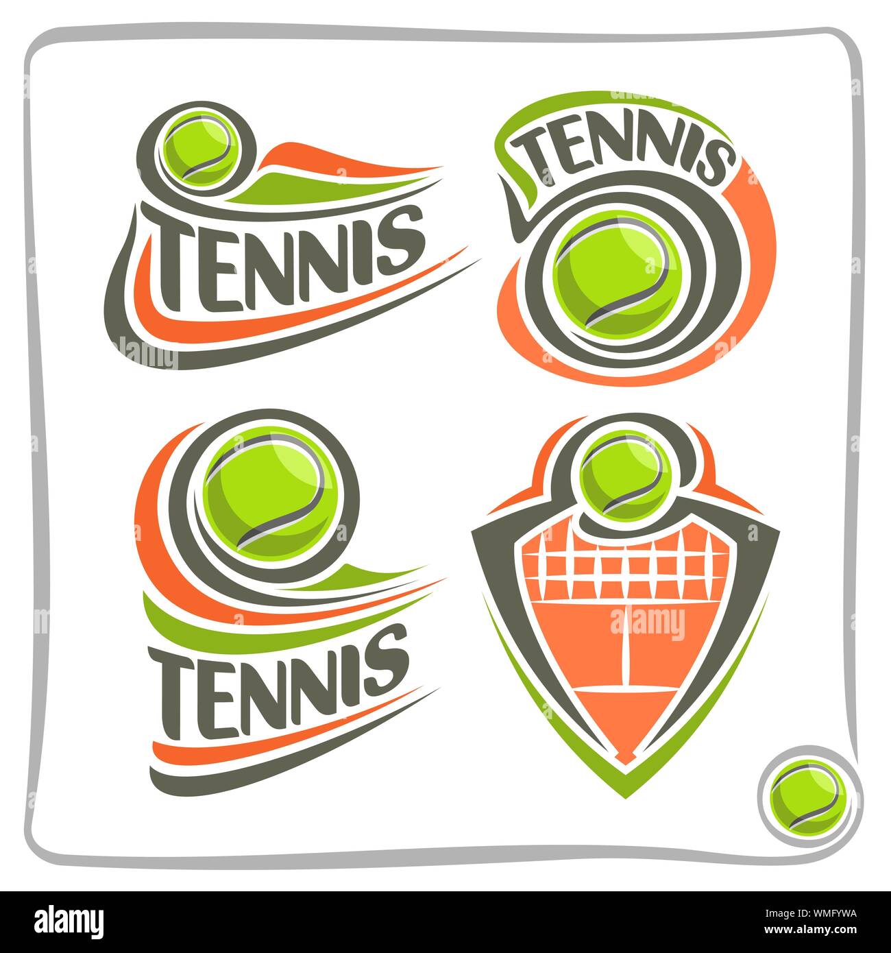 Abstract Vector logo pour le tennis sur gazon, la signalisation des sports club, simple green ball flying sur terrain court avec un filet, la série d'icônes sportives isolés. Illustration de Vecteur