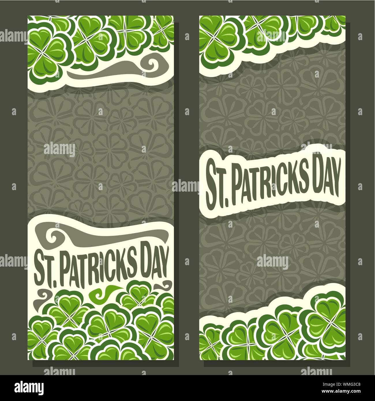 Bannières verticales vecteur pour la Saint-Patrick, carte de souhaits pour félicitation texte sur fond gris Shamrock. Illustration de Vecteur
