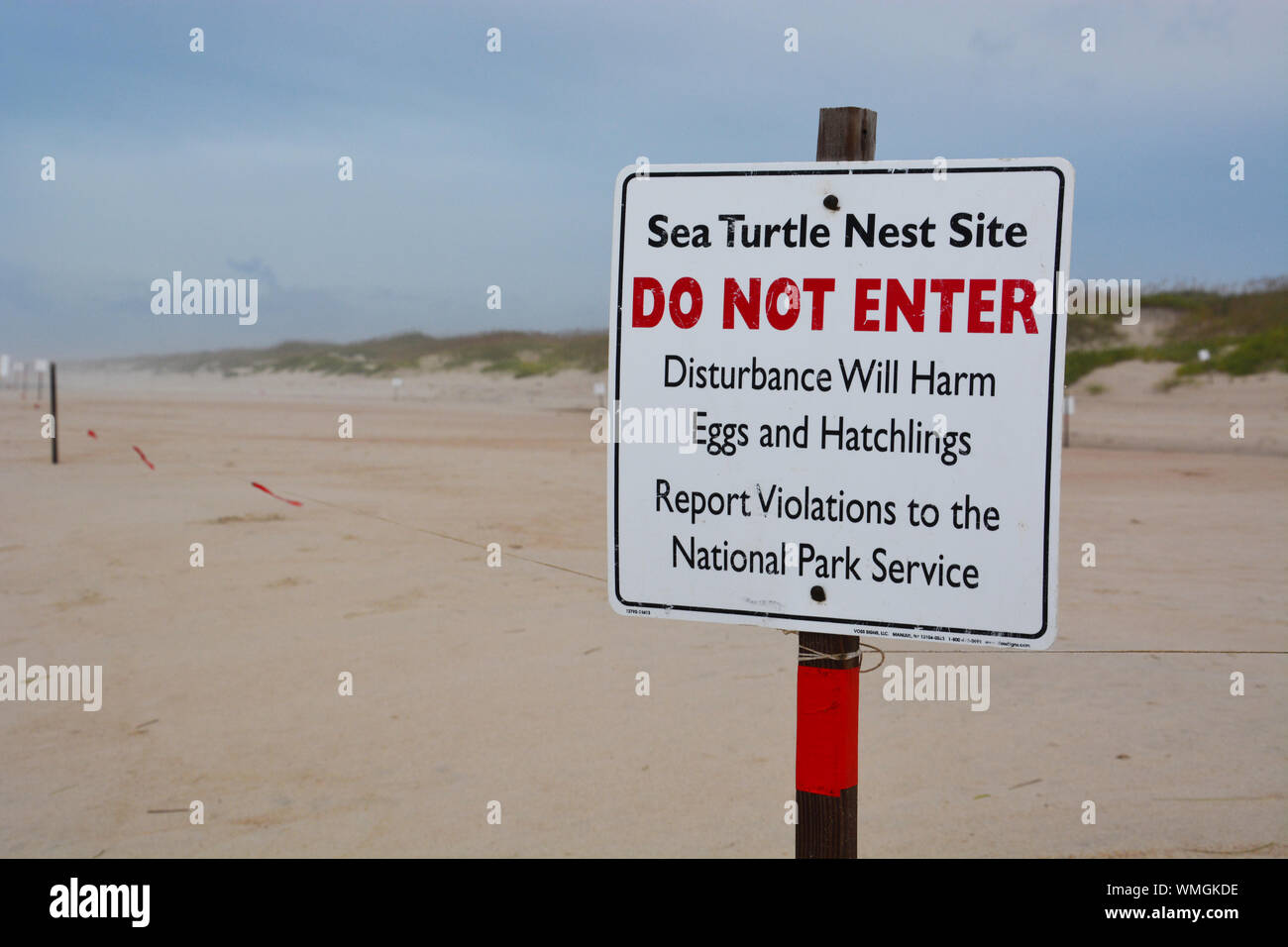 Un signe d'avertissement aux visiteurs un site de nidification des tortues de mer sur les îles-barrières de la Caroline du Nord Outer Banks. Banque D'Images