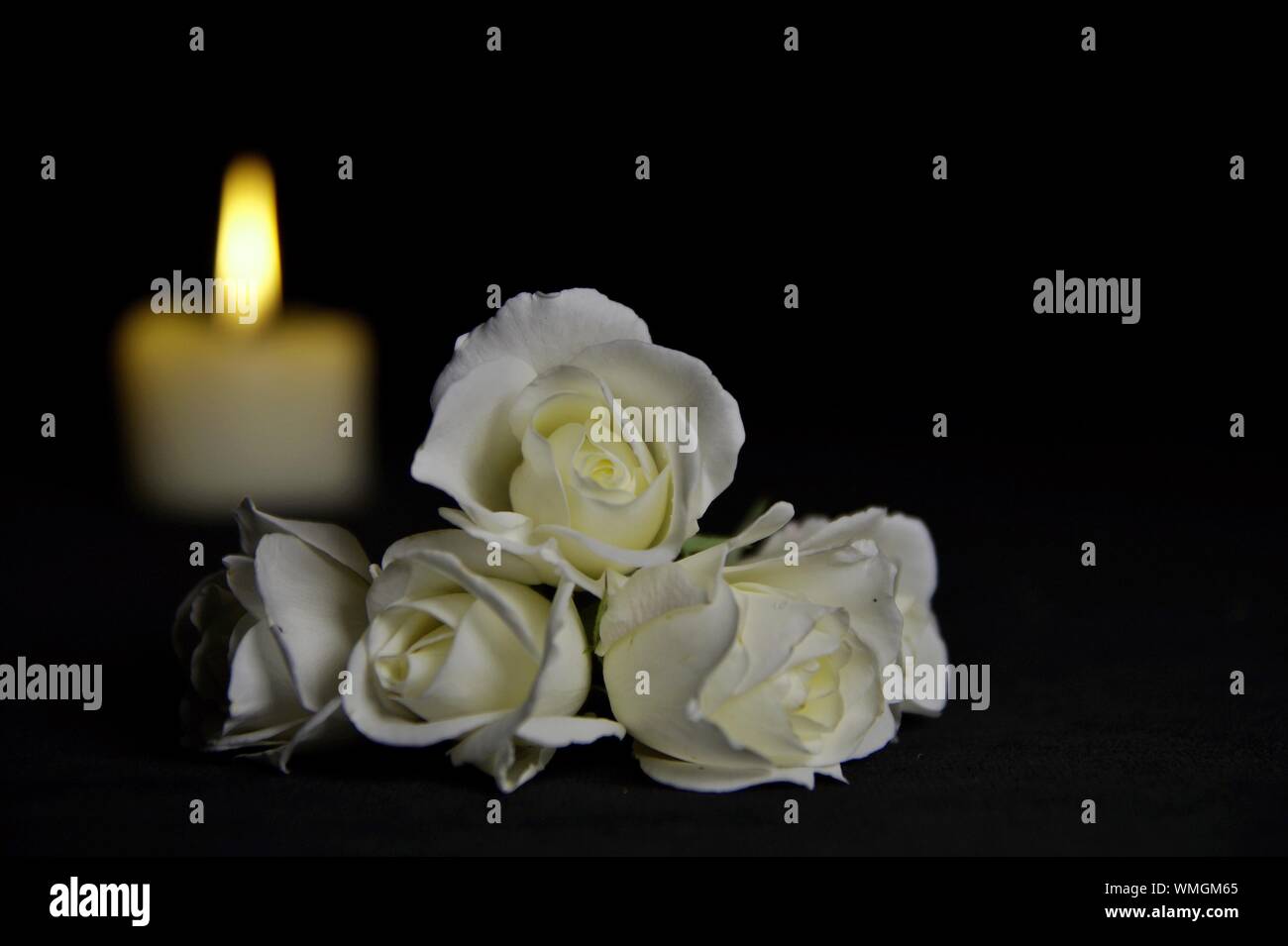 Carte de condoléances. Une bougie de mémorial blanche avec des fleurs  blanches et un livre. Les funérailles, la tristesse Photo Stock - Alamy