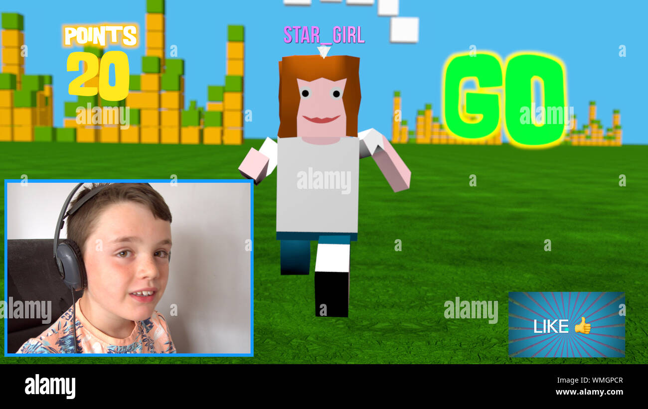 Jeune garçon un streaming en ligne 3D bloc style jeu comme il l'uploads live vidéo de lui jouant Banque D'Images