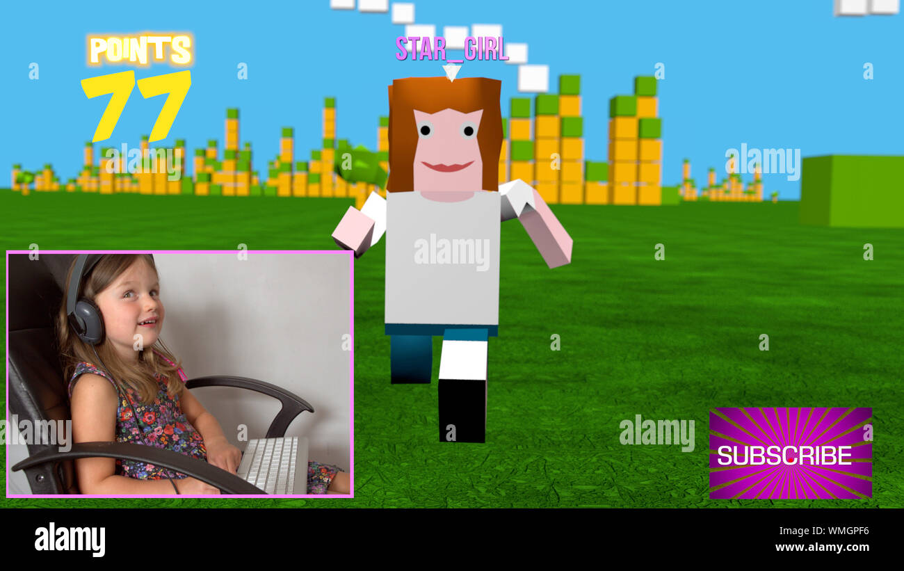 Une jeune fille avec un streaming vidéo streaming canal du réseau social en ligne un jeu style bloc 3D Banque D'Images