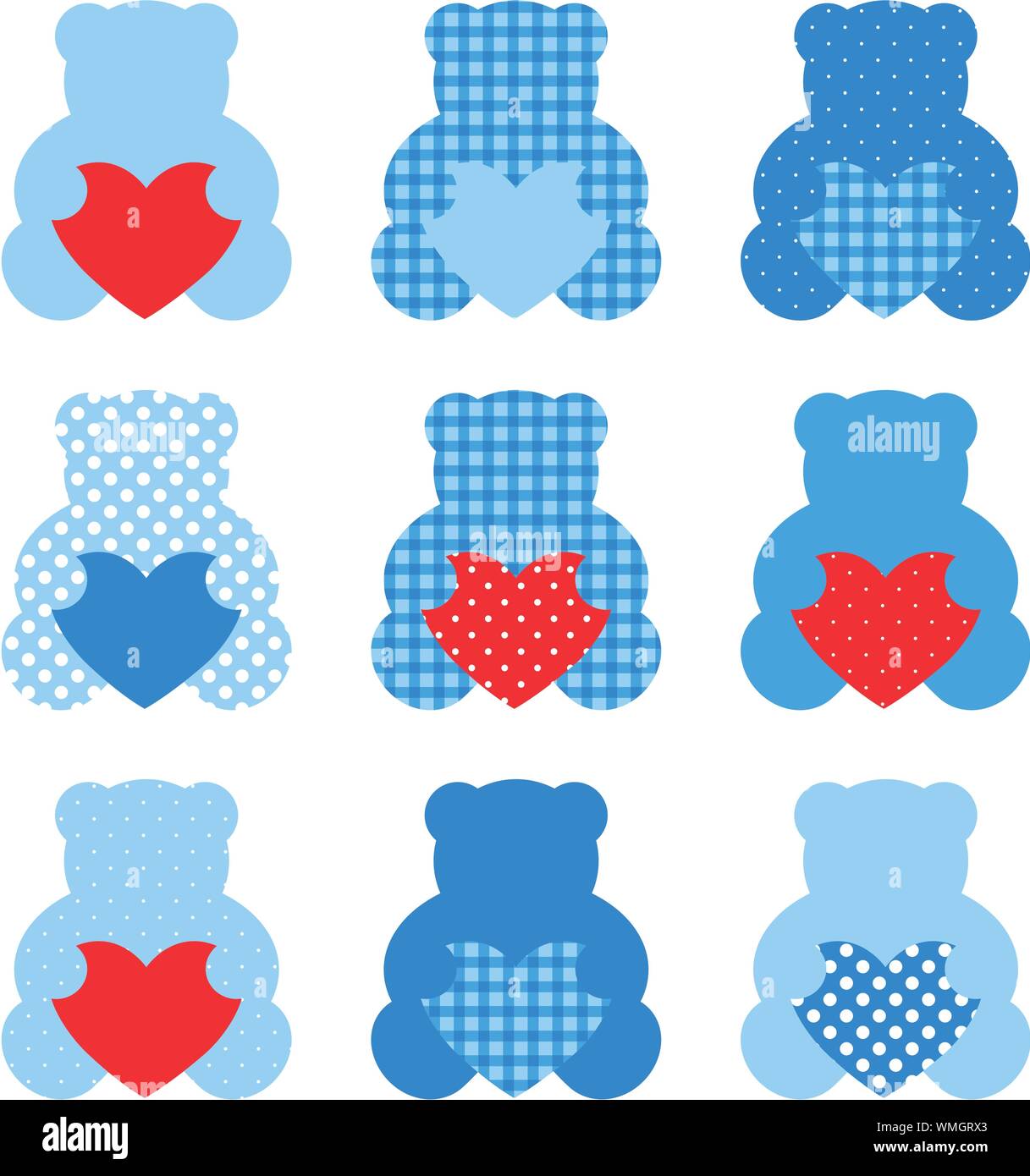 Mignon ours en peluche avec coeur set isolated on white ( bleu et rouge ) Illustration de Vecteur