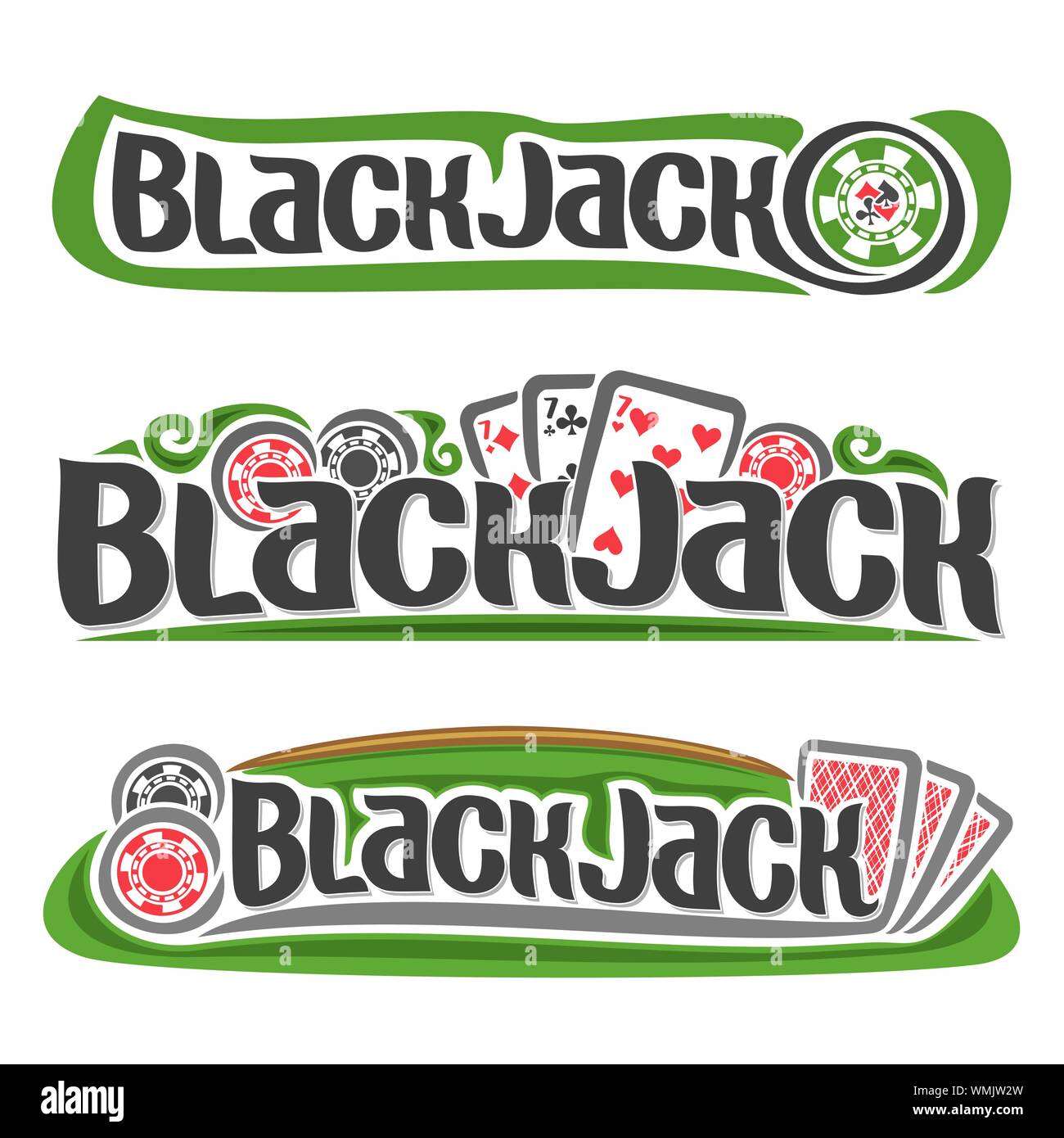 Logo Vector pour Black Jack : trois cartes à jouer de différentes couleurs pour jouer le jeu Blackjack et multicolores pour le casino. Illustration de Vecteur