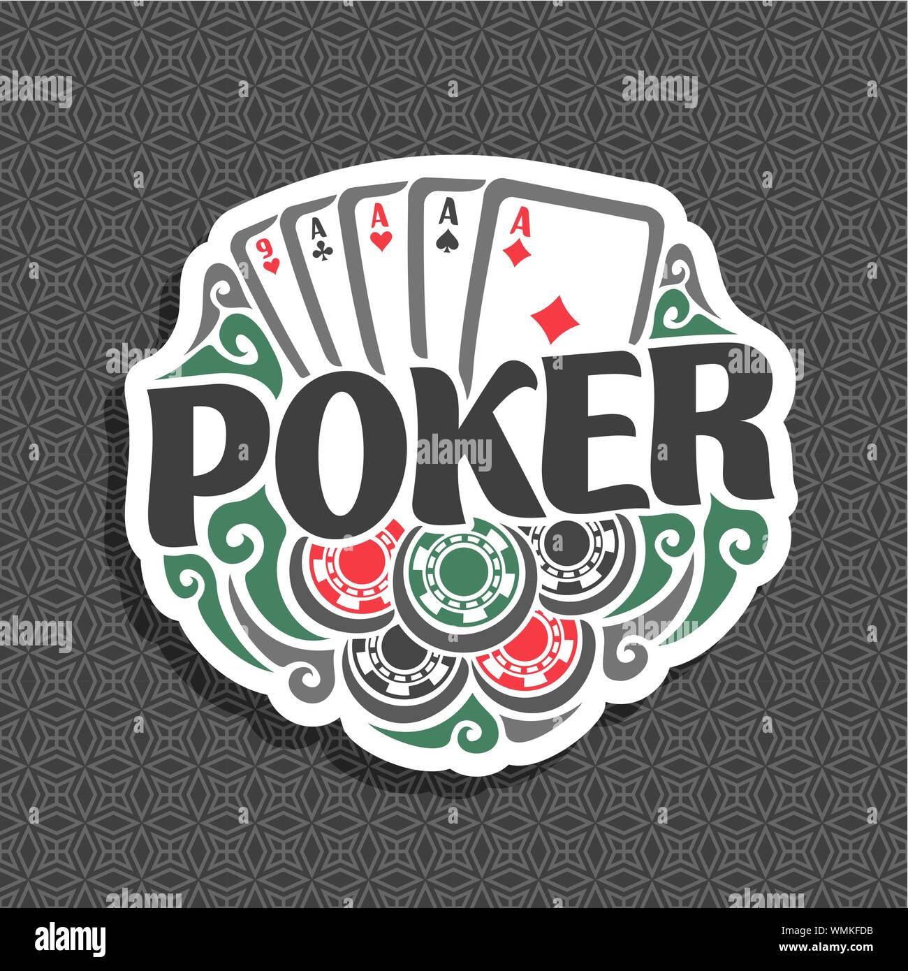 Logo vector pour le Poker : cinq cartes à jouer d'as différents costumes et ckips casino jeu de jeu de poker holdem. Illustration de Vecteur