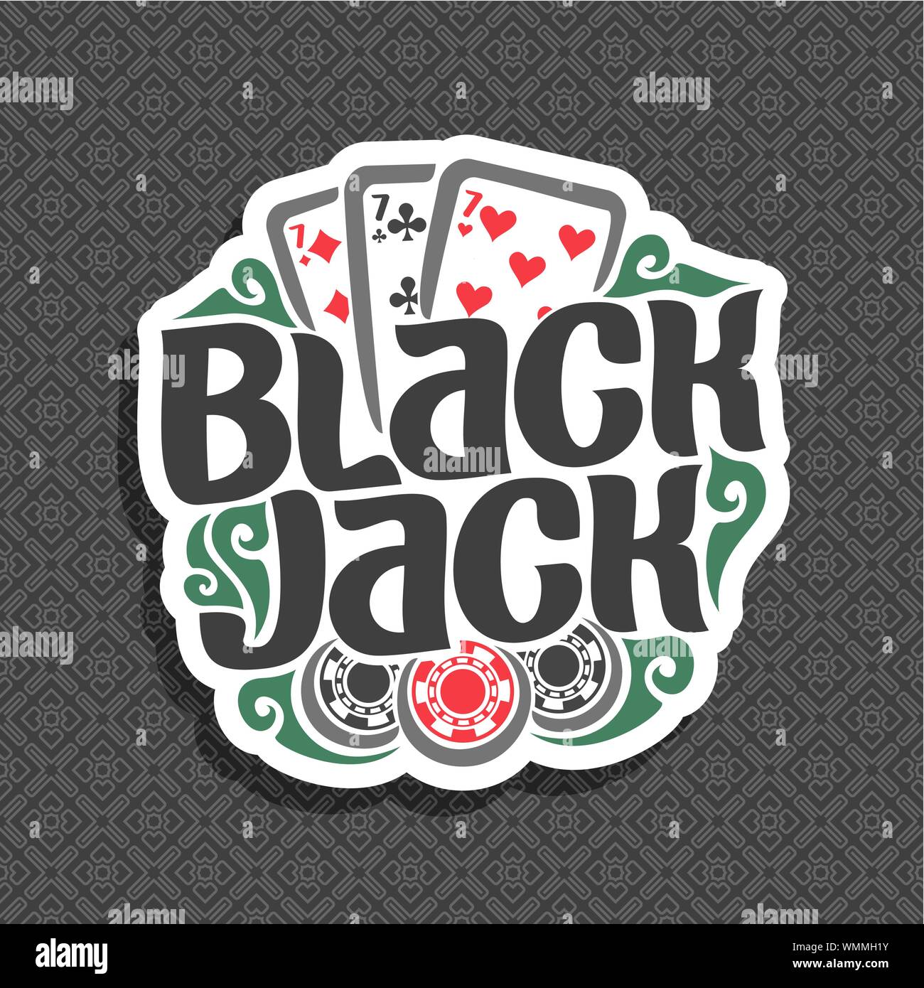 Logo Vector pour Black Jack : trois cartes de 7 couleurs différentes pour le jeu Blackjack jeu et jetons pour le casino. Illustration de Vecteur