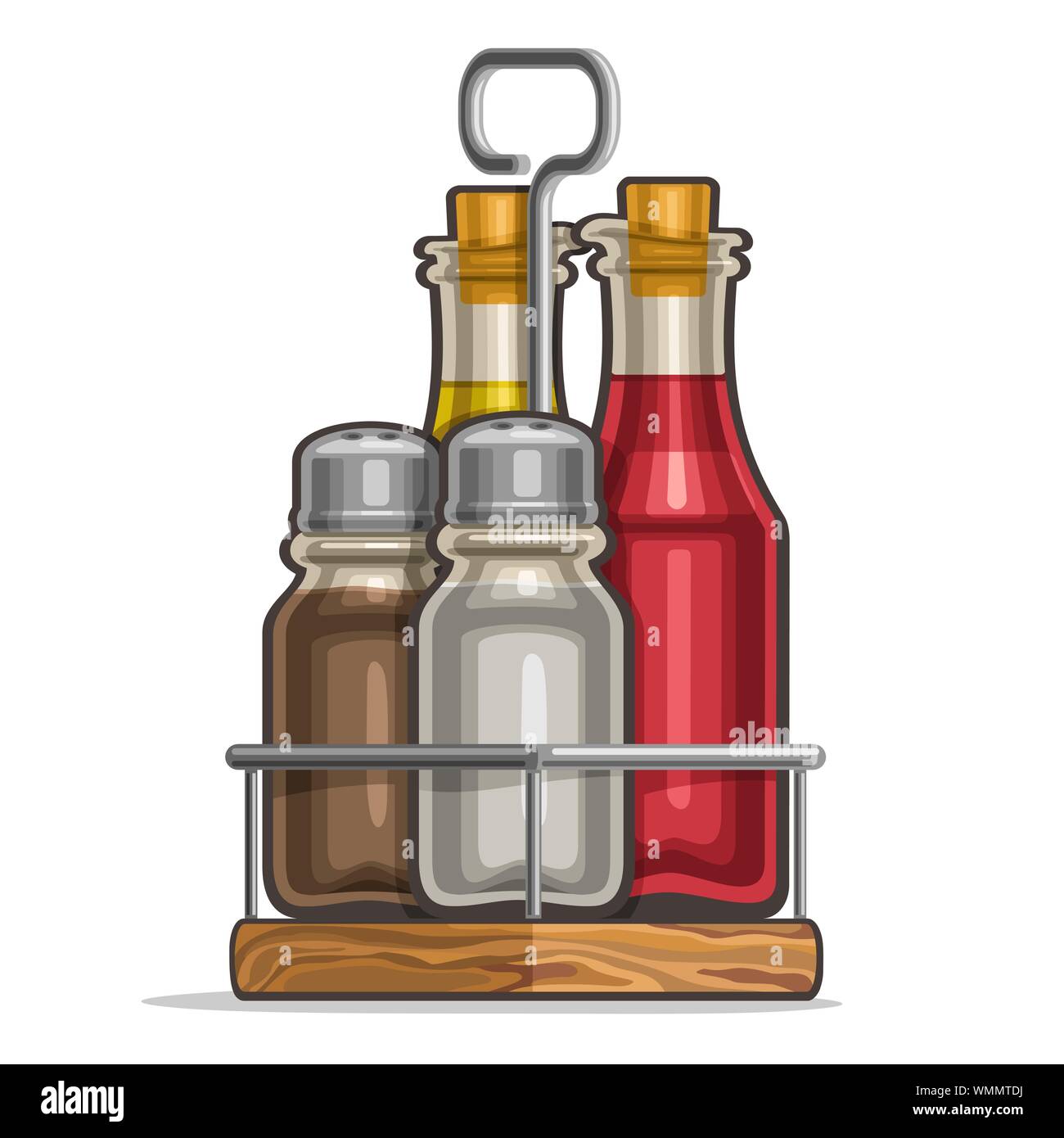 Vector Set d'Agitateurs en verre pour le sel et le poivre, porte-bouteilles avec de l'huile d'olive et vinaigre de vin rouge, rack classique pour les contenants de condi Illustration de Vecteur