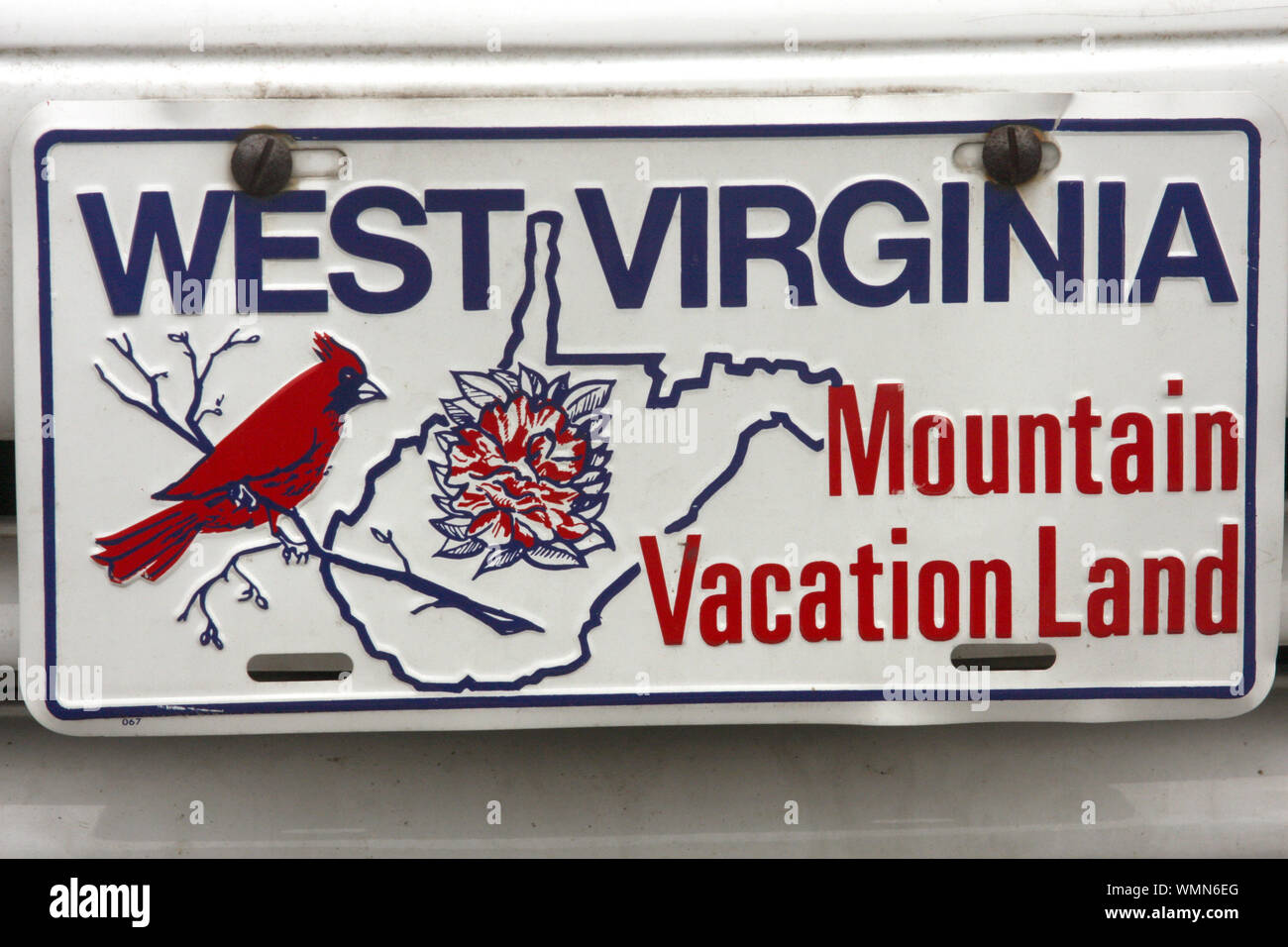 La Virginie de l'ouest de la plaque de licence contenant une conception de l'état et de fleurs d'oiseaux de l'état Banque D'Images