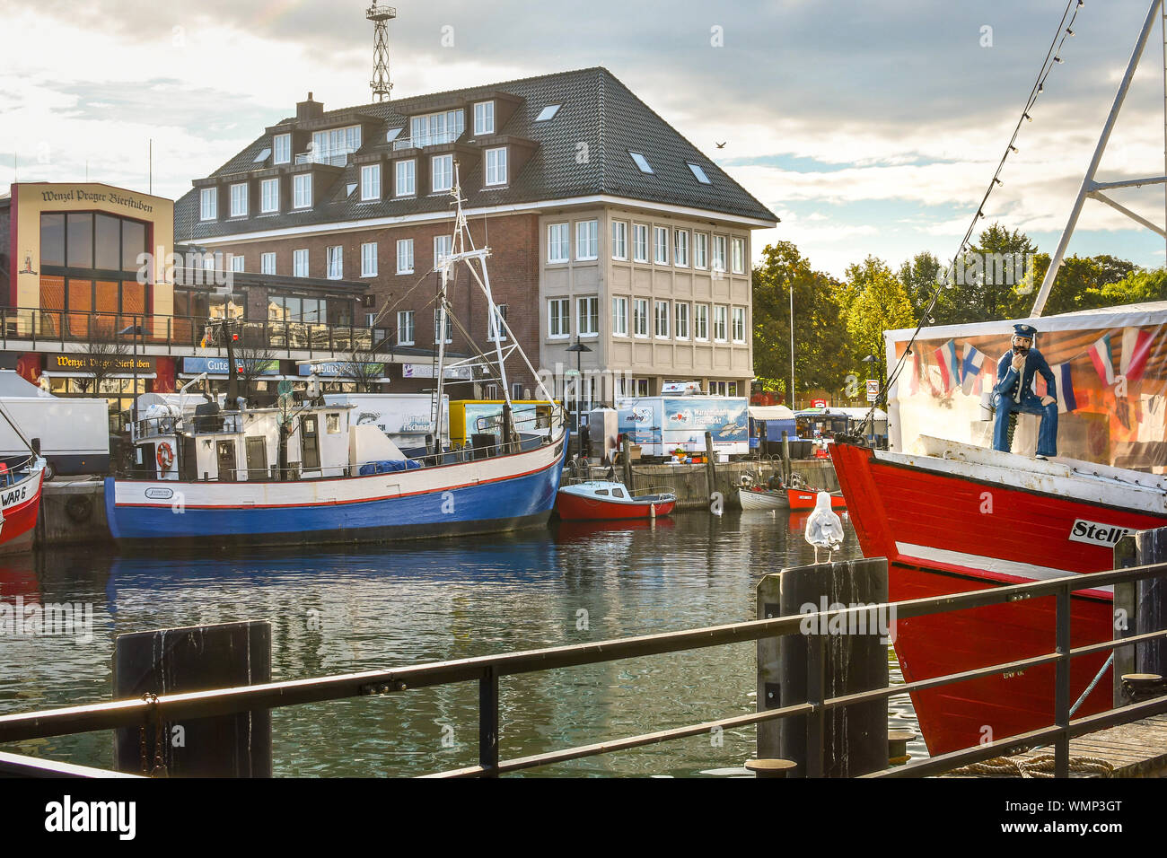 Un seul sea gull est situé au sommet d'un post en bois dans l'instruction Alter Strom canal dans la pittoresque ville portuaire d'Allemagne, de Warnemunde Banque D'Images