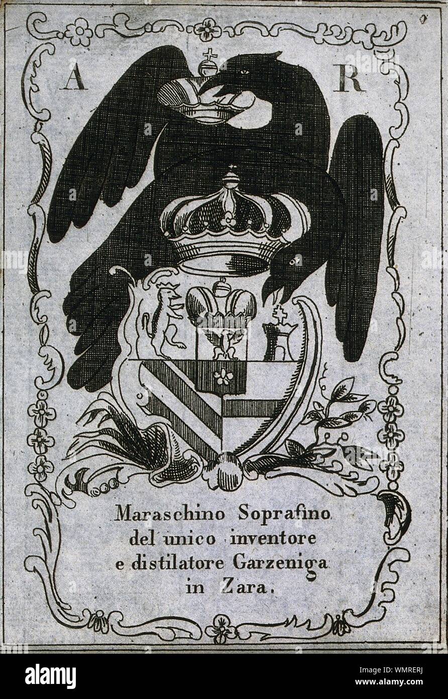 Une étiquette au marasquin illustré avec deux oiseaux et un blason.  Gravure, 19ème siècle..jpg - WMRERJ Photo Stock - Alamy