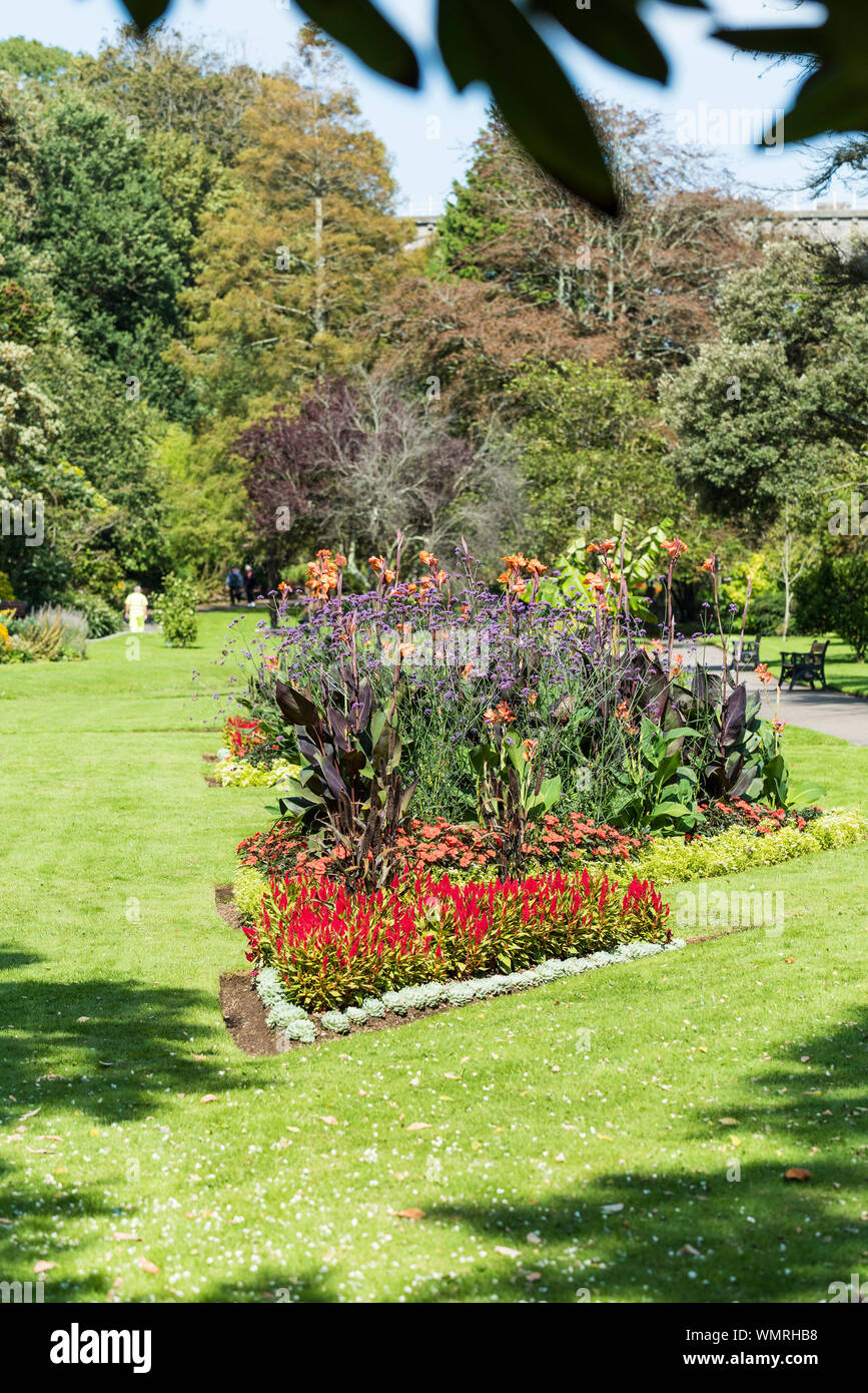 Lits de fleurs ornementales dans Trenance Park à Newquay en Cornouailles. Banque D'Images