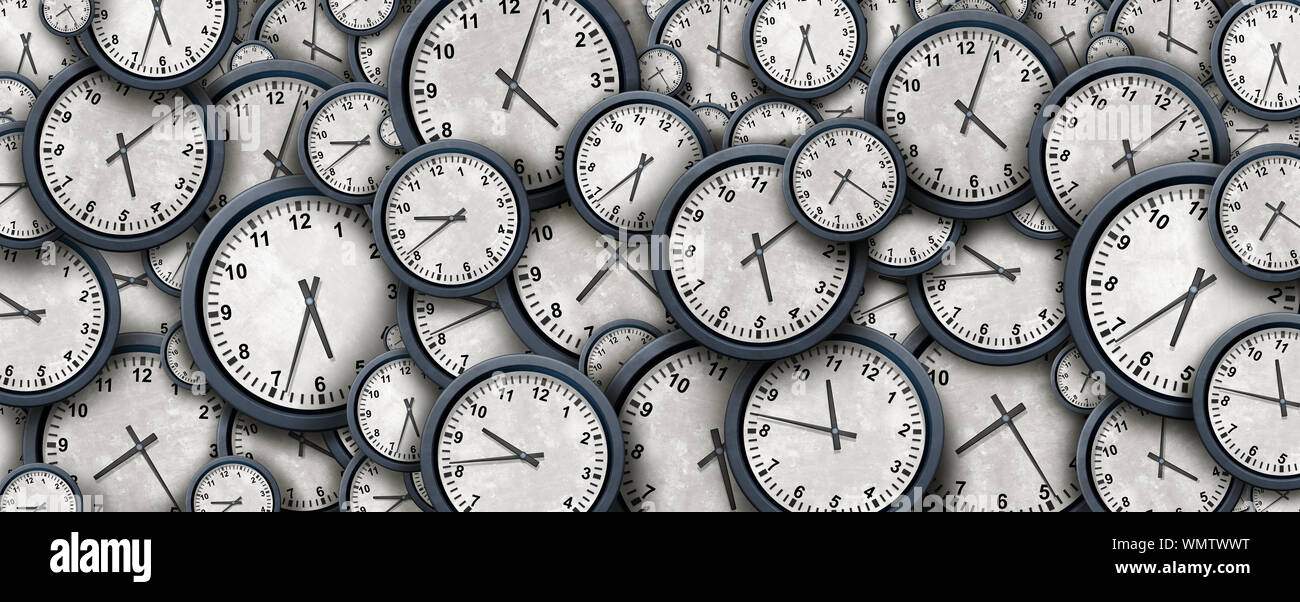 Arrière-plan de l'horloge et l'heure abstract design concept comme un groupe de réveil objets représentant le jour et la nuit ou de l'entreprise Planification des heures de travail. Banque D'Images