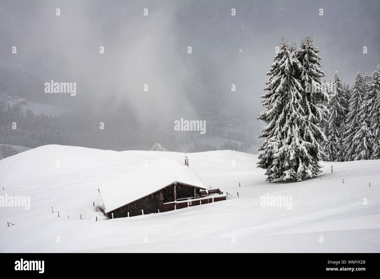 Refuge de montagne enneigées sur une pente avec des chutes de neige, l'Hochbrixen, Brixen im Thale, Tyrol, Autriche Banque D'Images