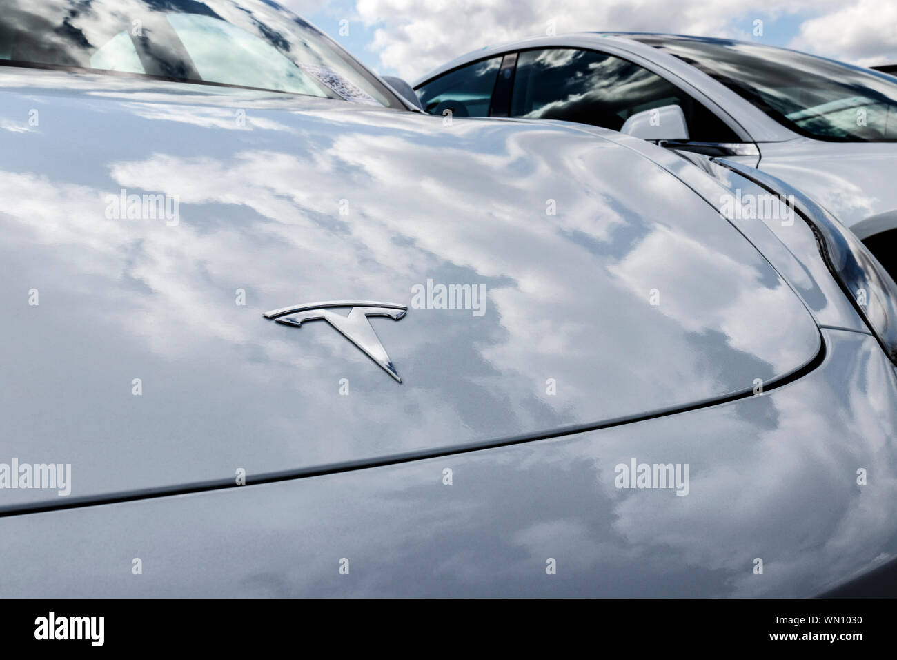 Indianapolis - Circa 2019 Septembre : Véhicules électriques Tesla dans l'attente de la préparation pour la vente. EV Tesla Model 3, S et X sont la clé d'un environnement plus propre et verte Banque D'Images