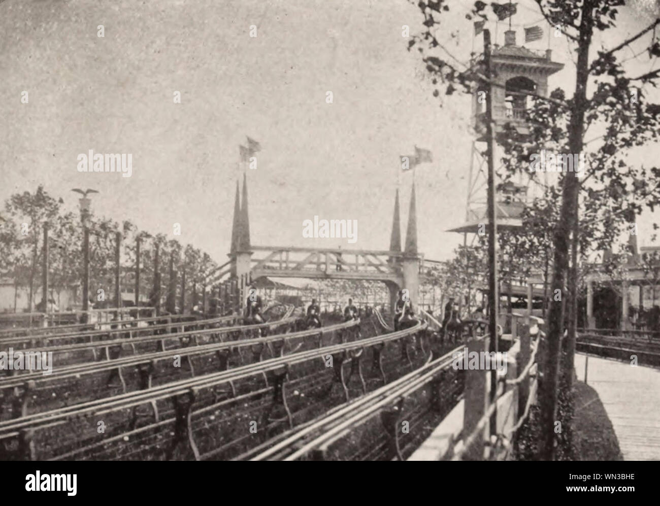 Une course au parc Steeplechase, Coney Island, vers 1904 Banque D'Images