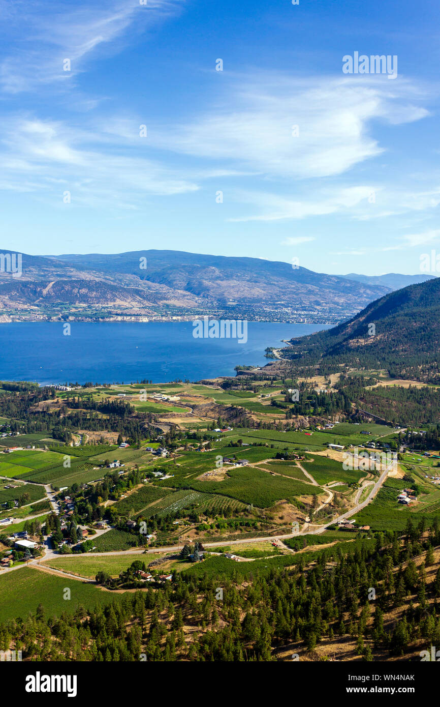 Vue sur les champs, les vignes, et le lac Okanagan de tête à Summerland Montagne géants, de l'Okanagan, Colombie-Britannique, Canada. Banque D'Images