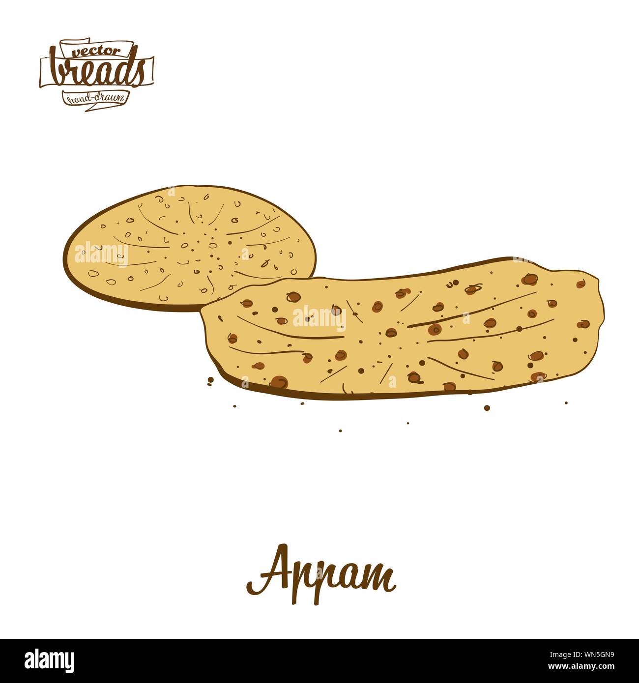 Dessin couleur d'Appam pain. Vector illustration d'aliments est très variable, généralement connu dans l'Inde. Pain de couleur des croquis. Illustration de Vecteur