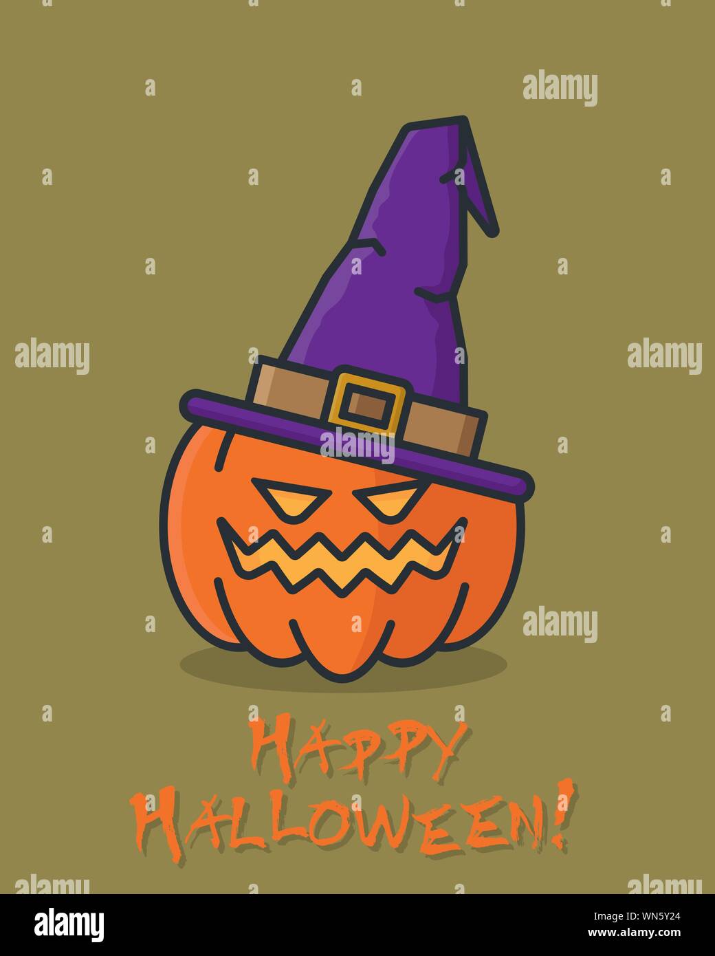 Halloween Citrouille avec Chapeau de sorcière cartoon Vector illustration, style du contour rempli. Carte de souhaits ou de l'affiche. Illustration de Vecteur